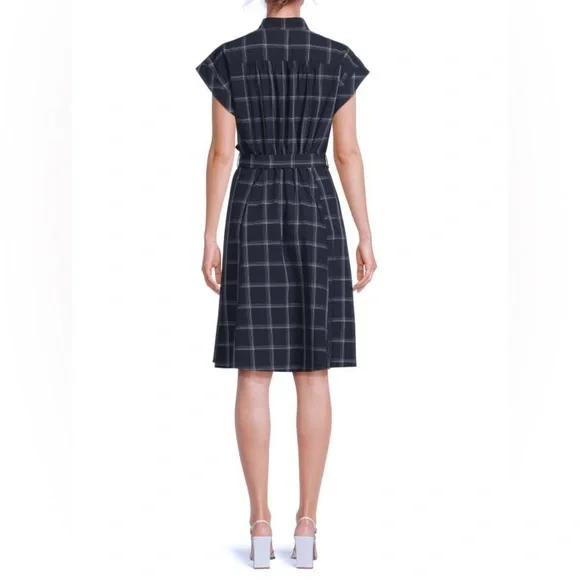 Calvin Klein Plaid Belted Dress - indigo white - size 12 - Picture 2 of 4